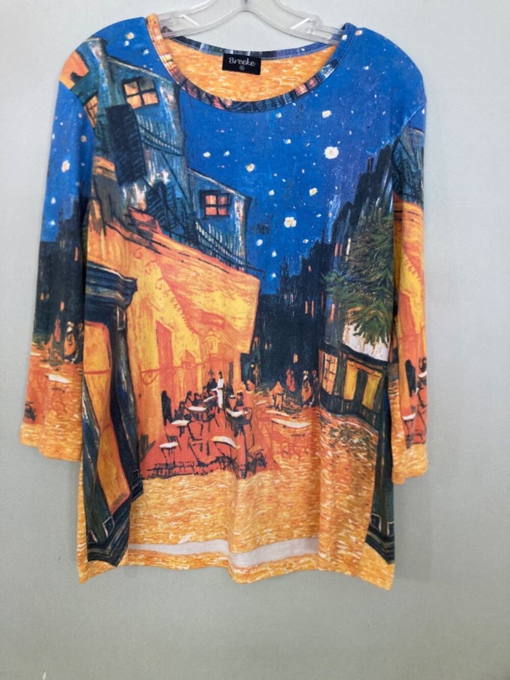 Van Gogh Cafe Terrace At Night Print Top 3/4 Sleeve Multicolor Breeke XL